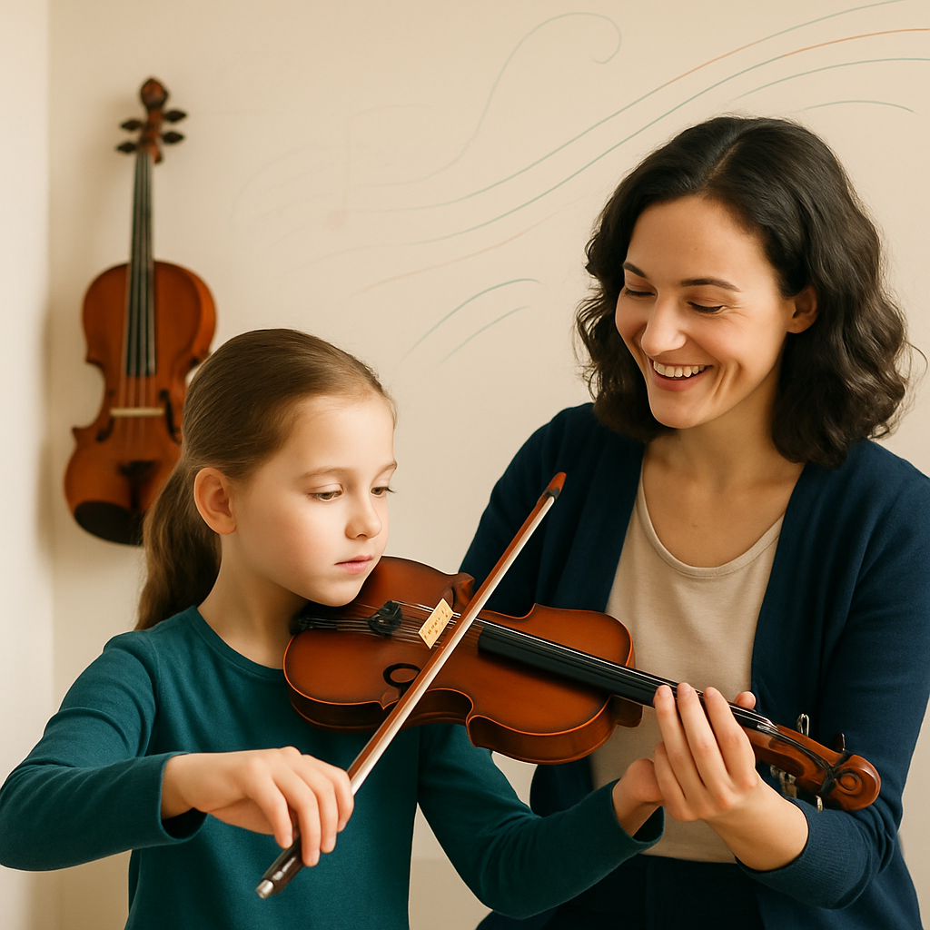 Beginner taking violin lessons with a supportive teacher